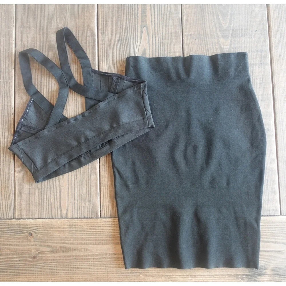 Y2K Womens Skirt Crop Top Set Medium Black‎ Bandage Bra Clubwear Party Going Out